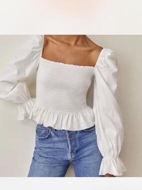 Reformation White Smocked Square-Neck Top with Peplum & Puff Sleeves